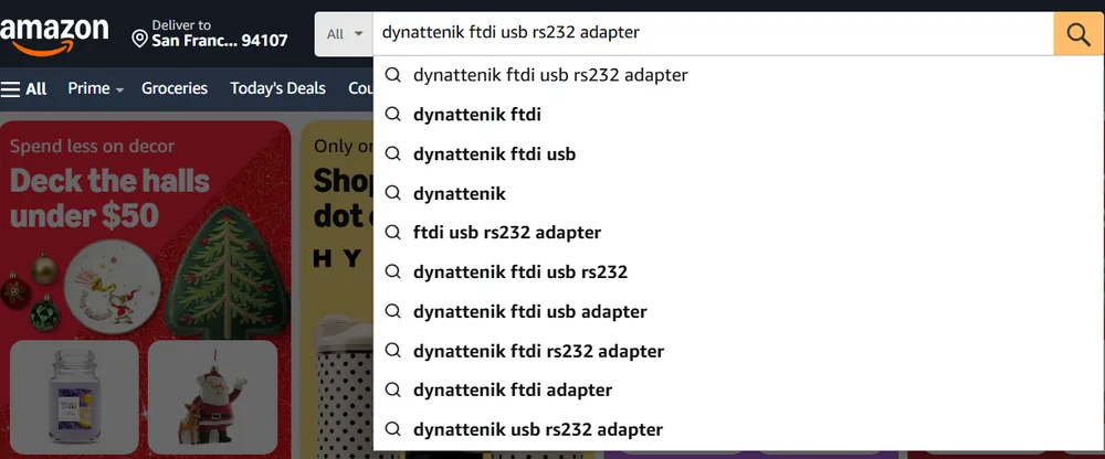Amazon search results page for the query &ldquo;dynattenik FTDI USB Serial Adapter&rdquo;