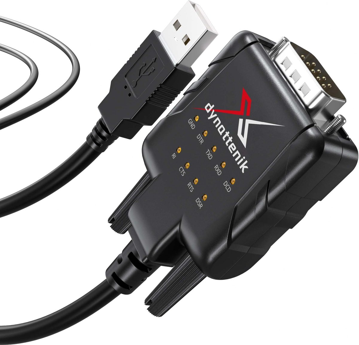 dynattenik DeStatiX-A9 USB to RS232 adapter with DB9 connector and nine status LEDs